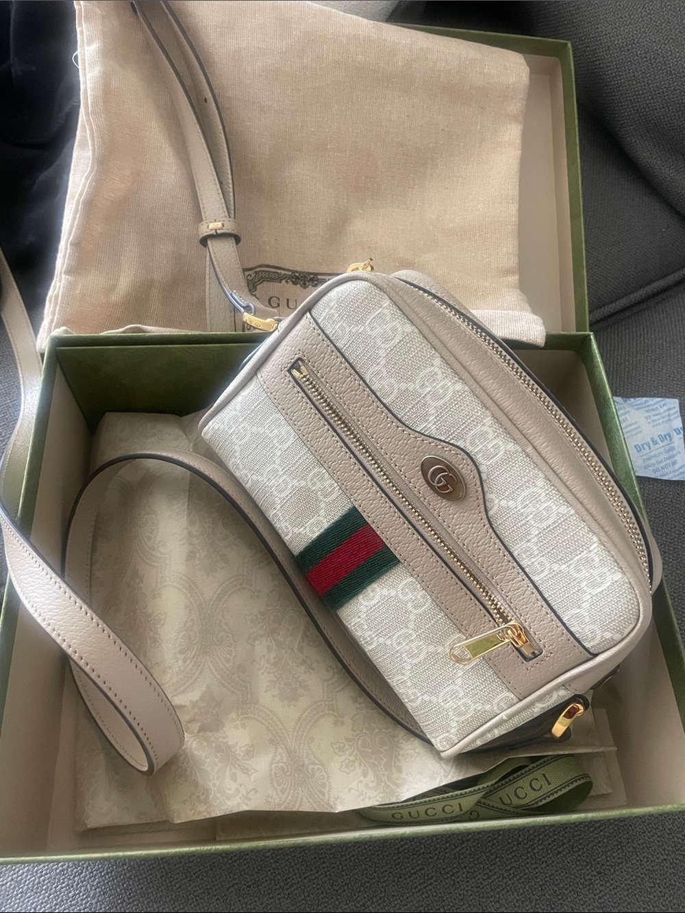 Gucci Ivory Monogram Crossbody with Web Stripe and Gold Hardware